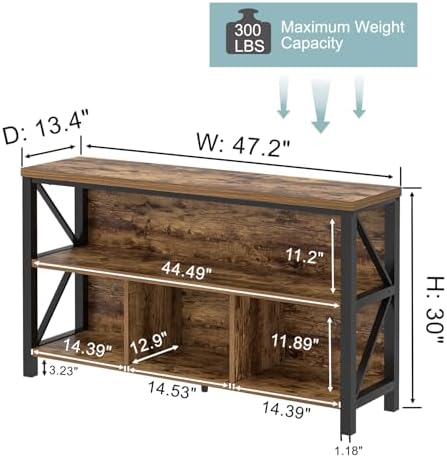 EXCEFUR 47 Inch Rustic Brown Horizontal Bookshelf, Modern Industrial Wood &am...