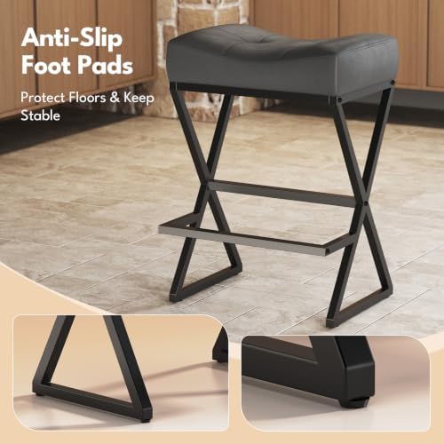 Counter Height Bar Stools Set of 2, Backless 26" Saddle Barstools, Grey ...