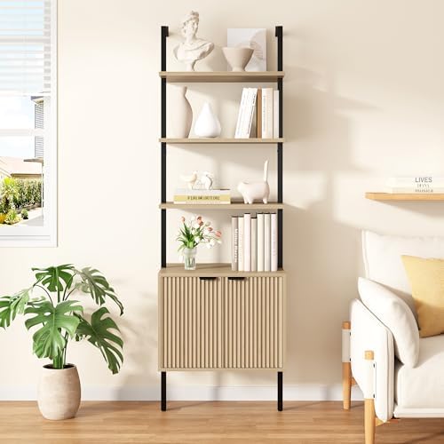 Yusong 73" Tall Bookshelf with Cabinet, Industrial Ladder Wall Mount She...