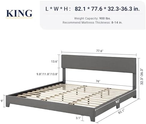 Allewie King Size Upholstered Bed Frame Adjustable Headboard, Dark Grey