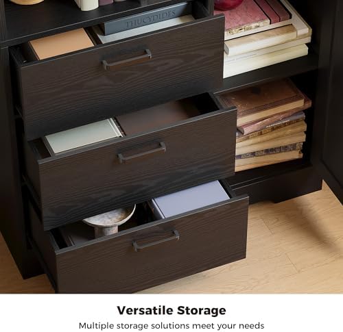 IRONCK 70.9-Inch Bookcase with Doors and 3 Drawers, Black
