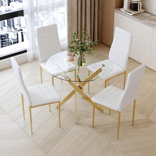 Round Tempered Glass Dining Table Set for 4, 5-Piece Modern Kitchen Table Set...