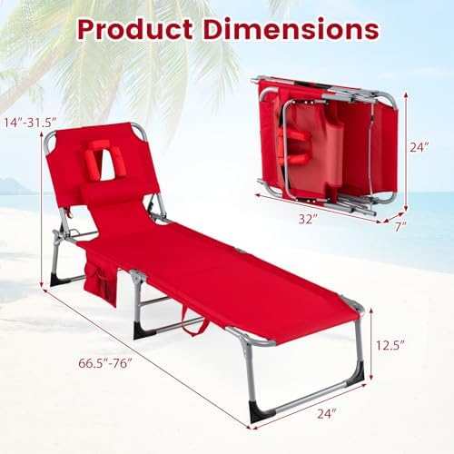 Goplus Tanning Chair, Folding Adjustable Patio Lounger w/Face Arm Holes, 4-Po...