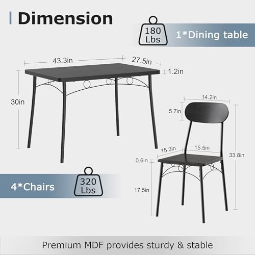 VECELO Dining Table Set for 4, 5-Piece Kitchen Table with 4 Chairs, MDF Board...