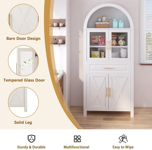 71" Tall Arched Pantry Cabinet, Farmhouse Kitchen Storage Cabinets with ...