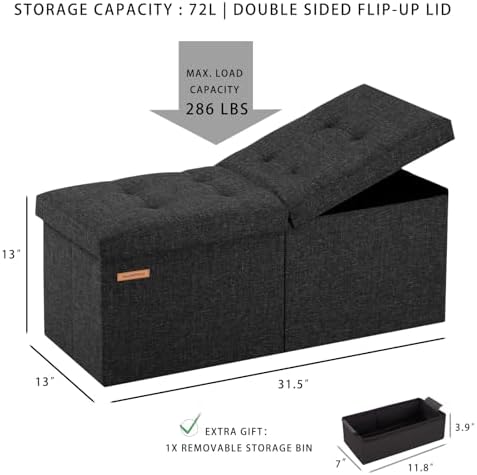 HAUSFRAU Ottoman with Storage Bench Folding Foot Rest Stool Ivory | 31.5"...