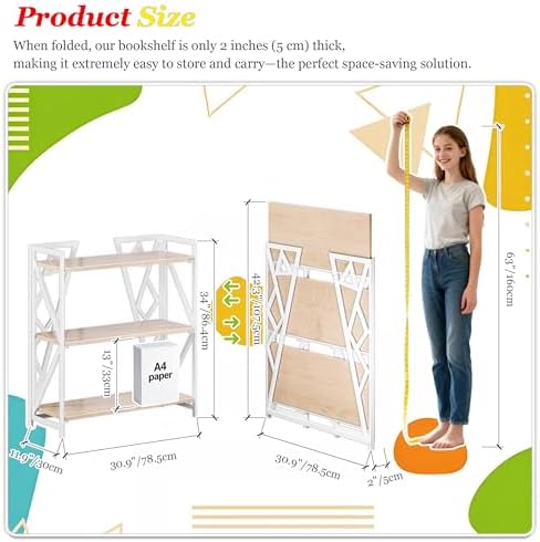 UDD No Assembly Wide Folding Bookshelf, 34" H x 30.9" W, 3 Tier Fol...