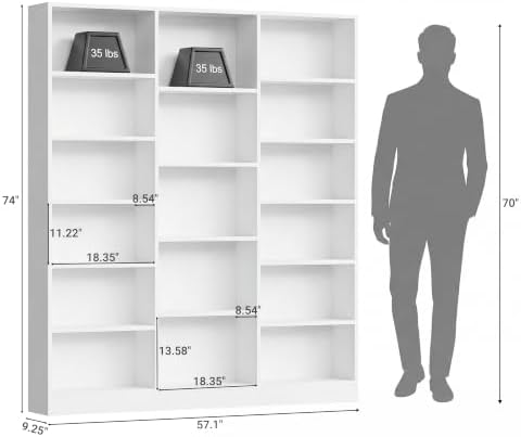 ELYKEN Triple Wide Bookshelf, Large 6 Tier Bookcase with 17 Shelves, White