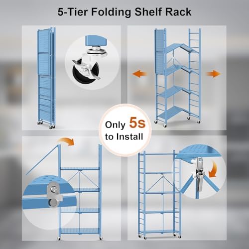 Himix 5-Tier Foldable Storage Shelves with 20 Hooks Wheels Garage Blue