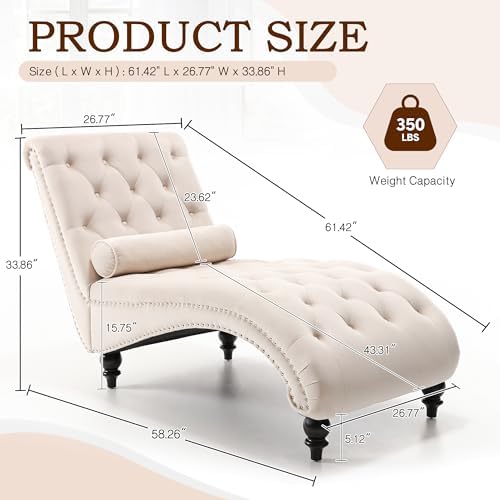 SLEERWAY Chaise Lounge Chair Indoor, Modern Velvet Upholstered Sofa with Soli...