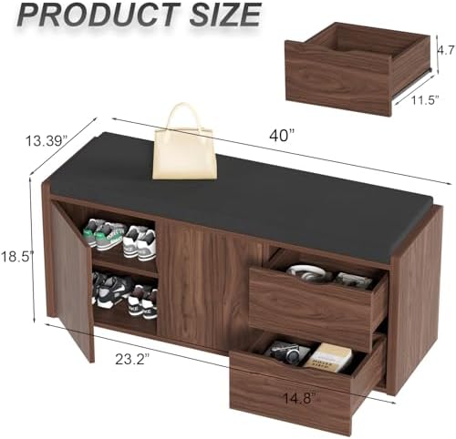 LVB 40” Entryway Bench with Padded Seat Cushion Shoe Bench with 2 Drawers | W...