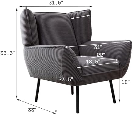 Corduroy Wingback Accent Chair, High Back Armchair with Deep Seat, Gray
