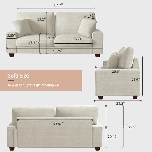 DOPEDIO 71.25" Chenille Loveseat Sofa, Beige, Modern Couch for Living Ro...