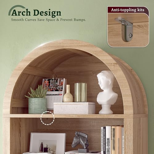 DurayLoly Arched Cabinet, 6-Tier Storage Shelves, Light Oak