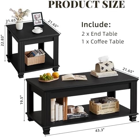 SAVOR LIFE Farmhouse Coffee Table Set of 3, Black | Rustic Wood 3 Piece Coffe...