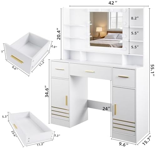 42" W Vanity Desk with Power Outlet Mirror and LED Lights Large Heavy Du...