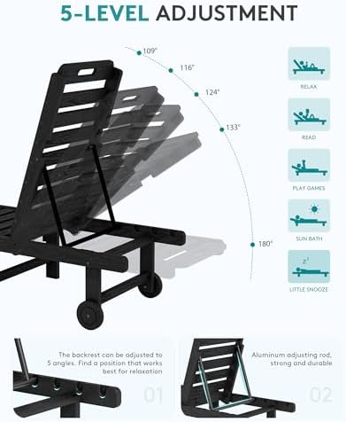 SERWALL HDPE Outdoor Chaise Lounge Set of 2 with Cup Holder & Wheels, Bla...