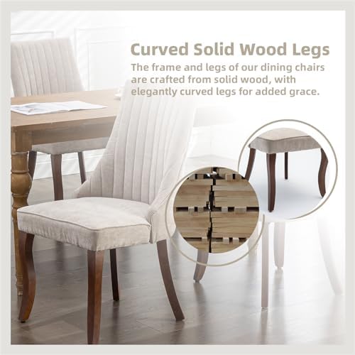 Beige Fabric Upholstered Dining Chairs Set of 4, Curved Solid Wood Legs