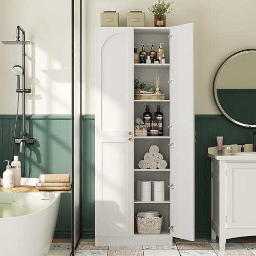 Cyclysio 80" Storage Cabinet, Tall Arched Bookcase with 4 Soft Close Doors