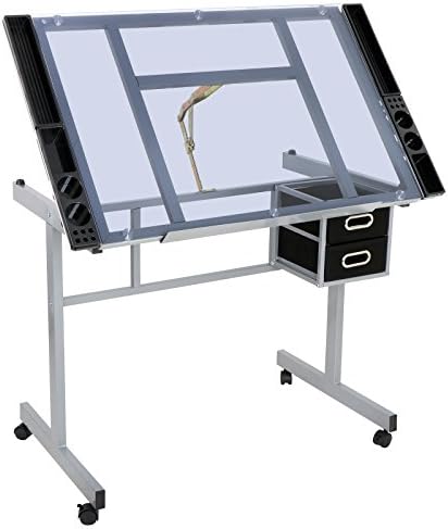 ZenStyle Glass Top Drafting Table with Storage, Adjustable Multifunctional Dr...