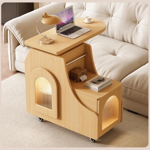 Mobile Side Table with Storage, Sofa End Table with Rotating Top, Glass Door ...