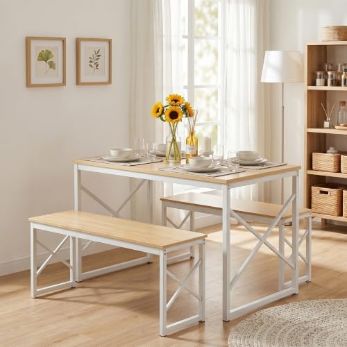 VECELO 43.3" Kitchen Dining Table Set for 4, Heavy-Duty Steel Frame &...