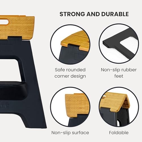 Vigar Compact Folding Step Stool, 16 in 2 Step, Black Bamboo Print | 16 in Fo...
