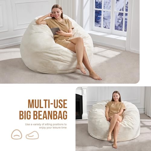 Hobestluk Adult Bean Bag Chair 4FT Large Lounger with Plush Cover, White | Me...