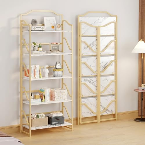 JSB 5 Tier No Assembly Folding Bookshelf, Foldable Storage Bookcase for Home ...