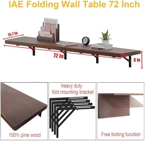 IAE Wall Mounted Folding Table with Pine Wood,72" x 16"Floating Wal...