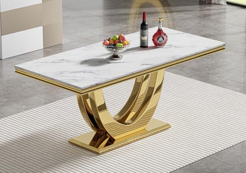 Modern Marble Dining Table Set for 6, White Dining Set with 68" Faux Mar...
