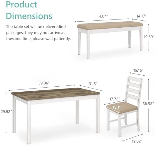 ROCSUMOO 6 Piece Farmhouse Dining Table Set with 4 Chairs and 1 Bench