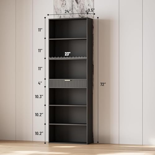 INNOD 7-Tier Bookshelf with Storage, 72" Tall Bookcase with Drawer, Disp...