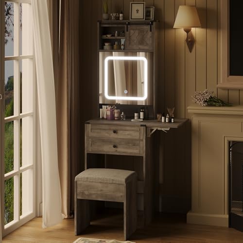 ARTETHYS Farmhouse Small Vanity Desk with Mirror Cabinet & Storage Chair