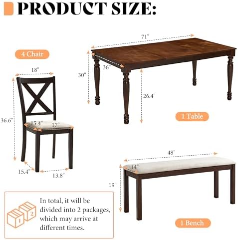 AMERLIFE 6 Piece Farmhouse Dining Set with 71" Solid Wood Table, Brown