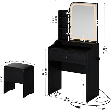 LIKIMIO Small Vanity Desk with Mirror Lights and Storage Stool | Black compac...