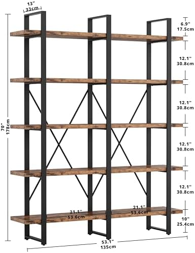 IRONCK Industrial Bookshelf and Bookcase Double Wide 5 Tier, Large Open Shelv...