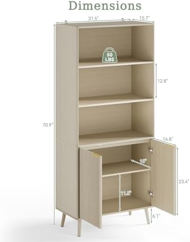 LYNSOM Beige Bookshelf, 70.9" Tall Book Shelf, 5-Tier Bookcase with Flut...