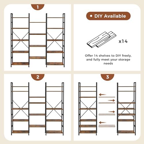 SUPERJARE Triple Bookshelf, Bookcase with 14 Open Display Shelves, Wide Book ...
