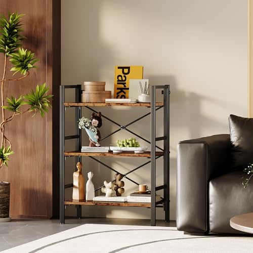Homeiju Folding Bookshelf No Assembly, 3 Tier Bookcase Foldable Shelf