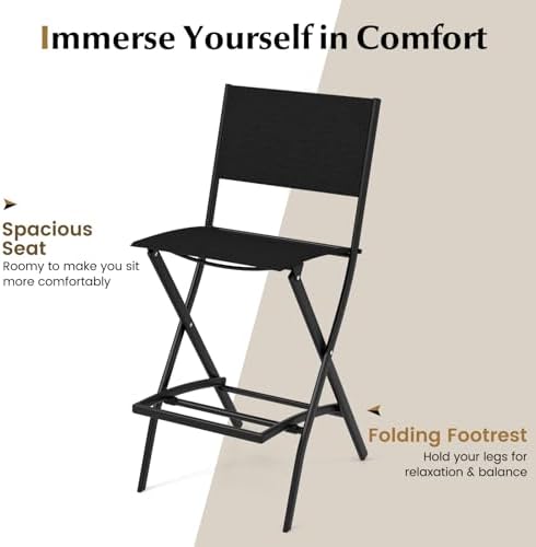 COSTWAY Outdoor Patio Folding Bar Chair Set of 4 with Metal Frame, Footrest