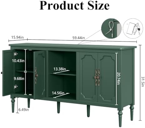 59" Vintage Sideboard Buffet Cabinet with Adjustable Shelves, Green