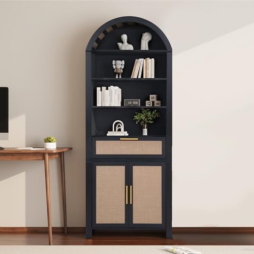 Janmer Home 79" Tall Arched Bookcase Cabinet with Doors, Black,Rattan