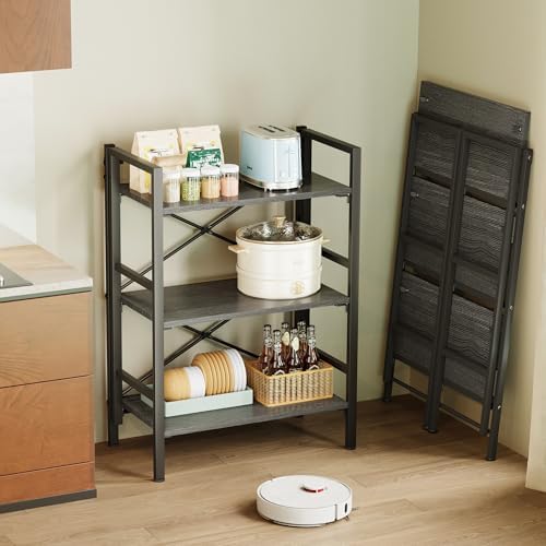 Homeiju Folding Bookshelf No Assembly, 3 Tier Bookcase Foldable Shelf with X-...