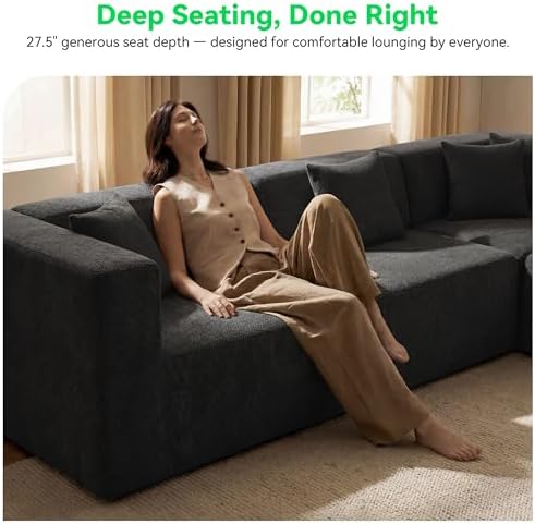 MONVANE L Shaped Sectional Couch Oversized, Chenille, Black | 4-Seat Sectiona...
