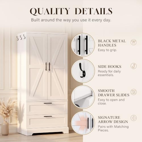 YESHOMY 70.9" Wooden Armoire Wardrobe Closet with Sensor Light(White)