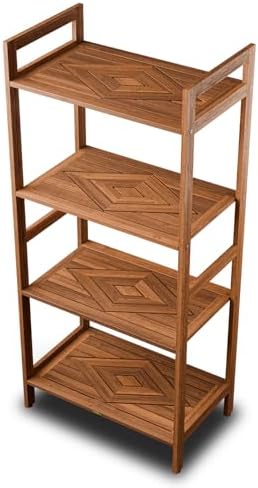 Teak Wood 4-Tier Shelving Unit, Waterproof, Leveling Feet, Teak Oil Finish