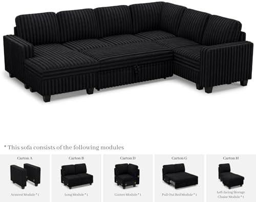Belffin Corduroy Sleeper Sofa Bed with Storage Chaise Modular Sectional Sofa ...