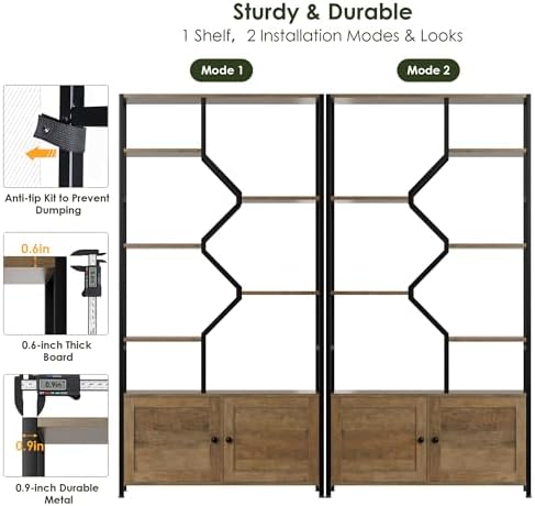 Keyluv 76" Tall Industrial Bookshelf with Storage Cabinet, Rustic Brown