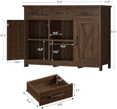 TEENFON Coffee Bar Cabinet with 3 Drawers, Farmhouse Buffet Cabinet